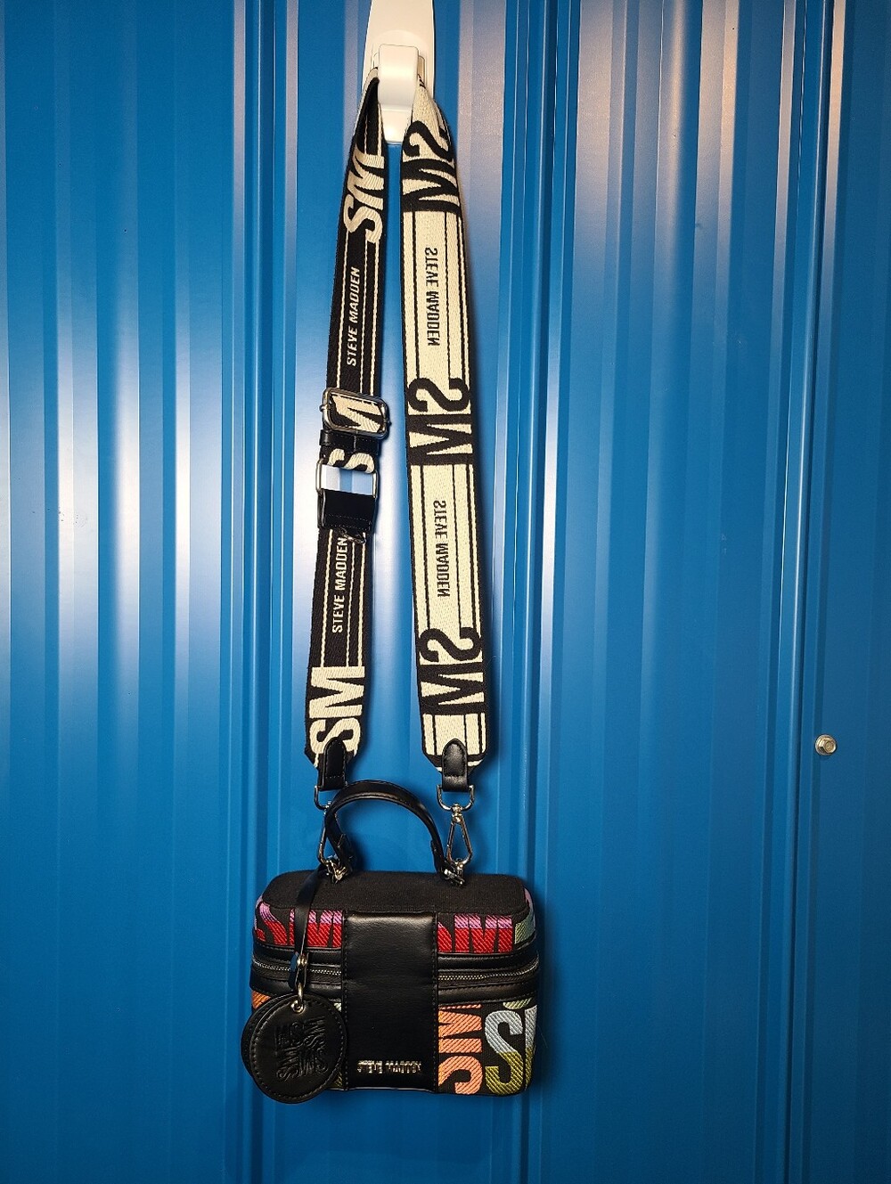 Steve Madden Black Crossbody Camer Bag with Multicolor Accents and Branded Strap